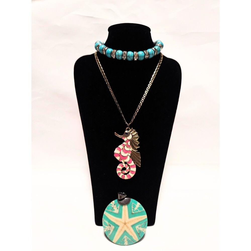 Betsey Johnson Seahorse Pendant Necklace & Turquoise Bead Bracelet Jewelry Set
